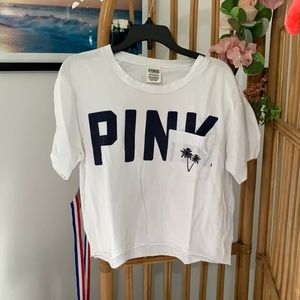 PINK White With Navy Writing Crop Top